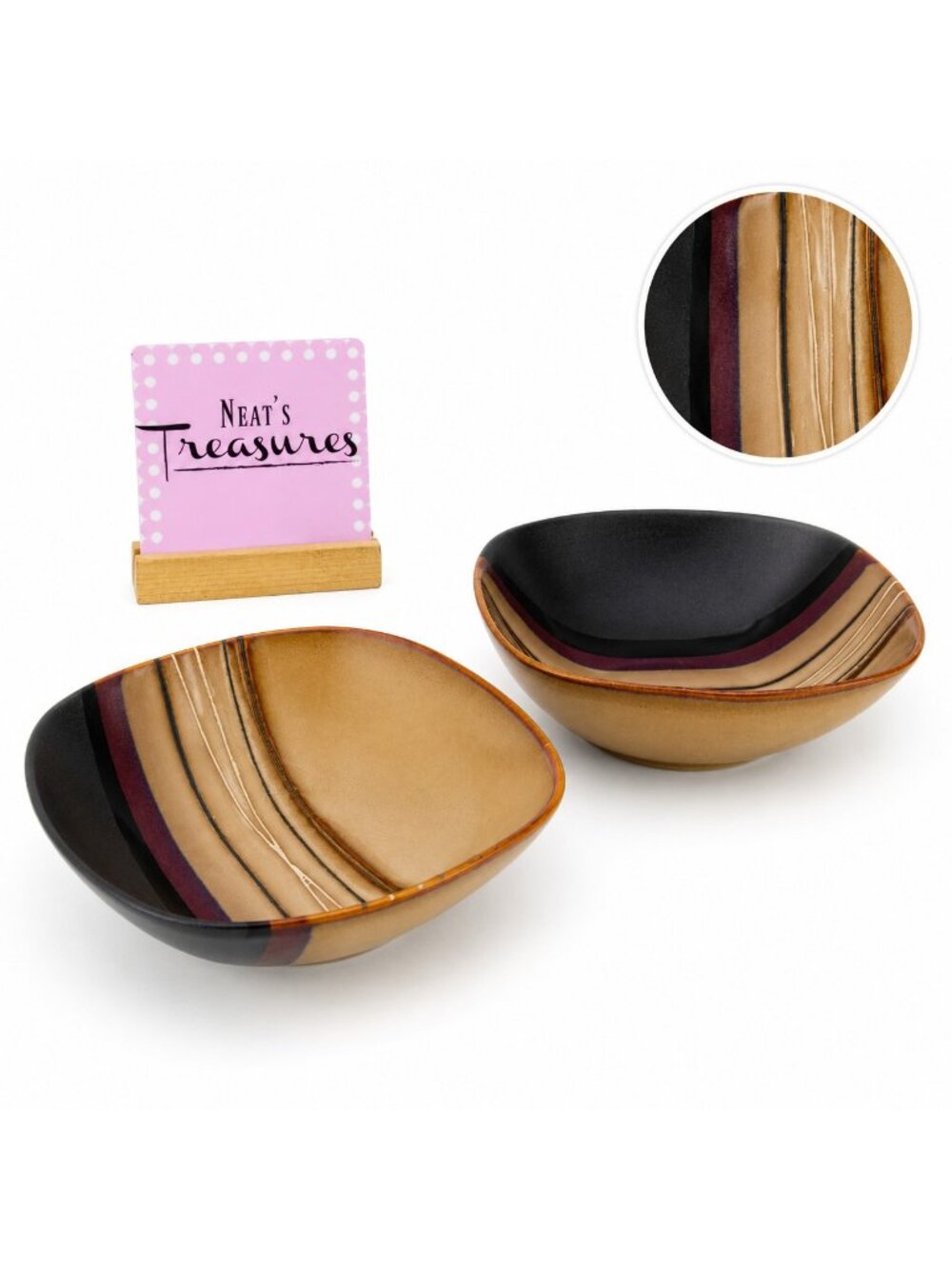 Home Trends BAZAAR BROWN Strips Square Stoneware  6 7/8" Soup Cereal Bowls Set 2